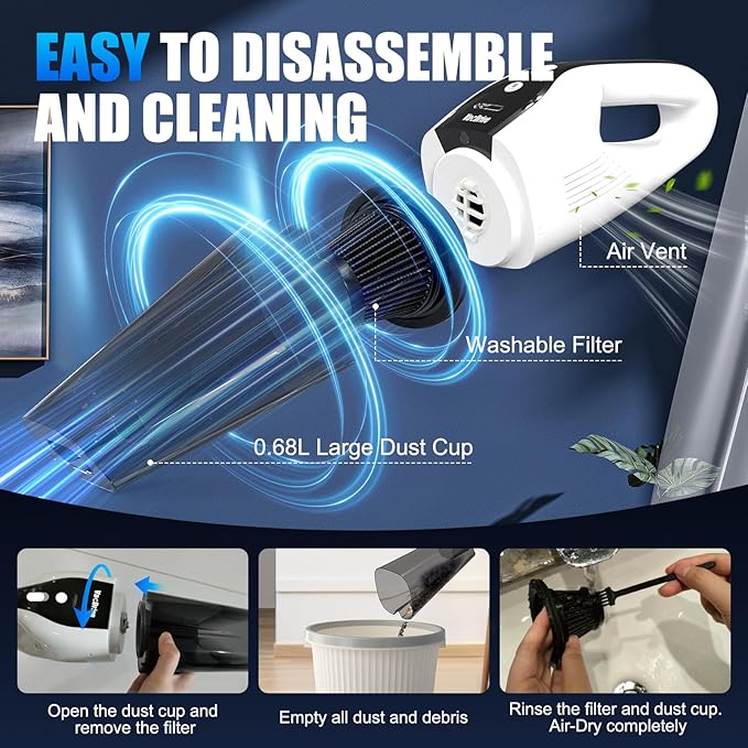 Car Vacuum Handheld Cordless Car Vacuum Cleaner for Drivers, Office, Home & Pet Hair, with True Brushless Motor, Ultra-Strong Suction, Rechargeable Battery&Big Dust Cup, Type-C Fast Charging