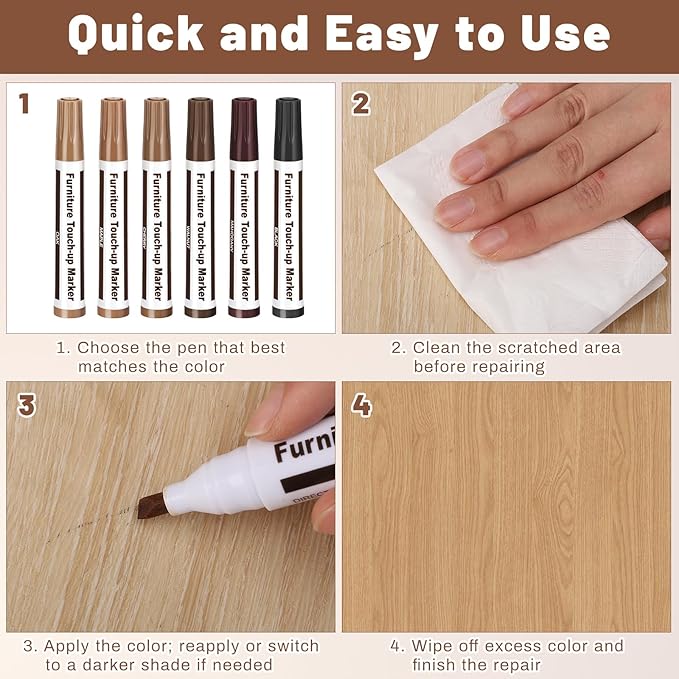 Furniture Repair Kit Wood Markers, 13 Pcs Marker Set and Wax Sticks with Sharpener, 6 Colors Furniture Markers Touch Up for Scratches Stains Holes Bedposts Floors Tables Cabinets Desks