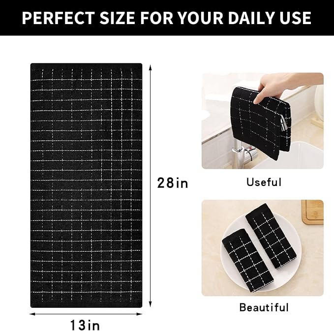 Homaxy 100% Cotton Terry Kitchen Towels(Black, 13 x 28 inches), Checkered Designed, Soft and Super Absorbent Dish Towels, 12 Pack