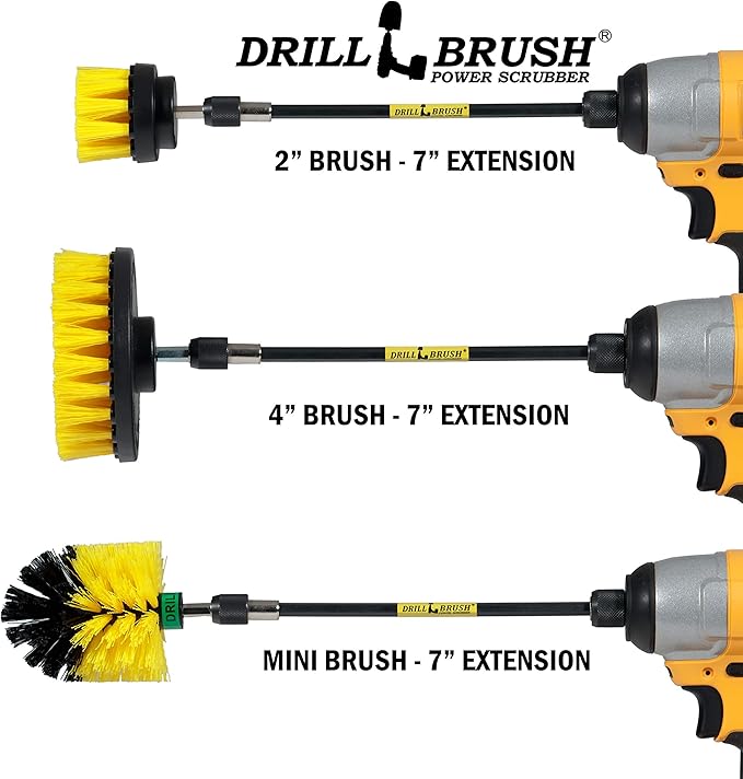 Drillbrush Ultimate Yellow Cleaning Tools - Drill Brush Attachment for Bathroom, Shower, Tub, Tile, Grout, Toilet, and Sink - Bathroom Scrubber Cordless Drill Attachment - Shower Detailing Brush Set