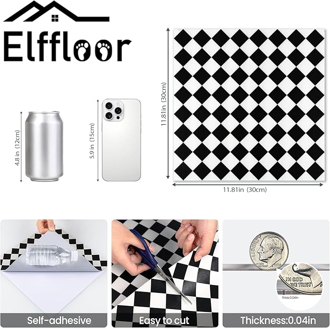 Elffloor Peel and Stick Floor Tile: 30pc 11.8 * 11.8in Self-Adhesive Waterproof Vinyl Flooring Black and White Tiles Sticker for Bathroom, Kitchen, Bedroom, Living Room