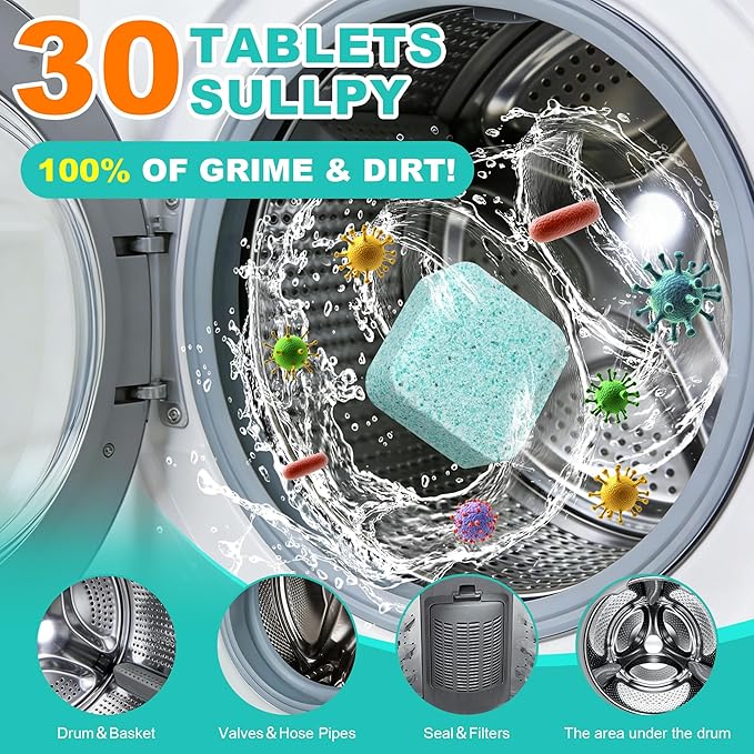 Washing Machine Cleaner Tablets, 30 Pack Deep Cleaning Pods for Front ＆ Top Loader, Natural Formulared for Pet Owners, Heavy Duty, Septic Safe, Over 12 Month Supply, 15G, Blue