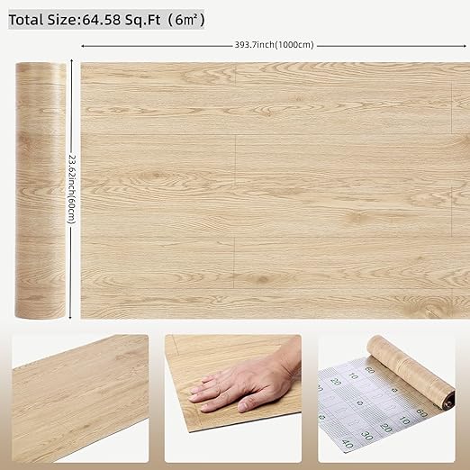 3D Peel and Stick Vinyl Floor Tile Roll Wood Plank Sticker 23"x 393"/64 Sq.Ft, for Home Apartment Room Self Adhesive Easy DIY Removable Waterproof Thicken Floor Covering Wood
