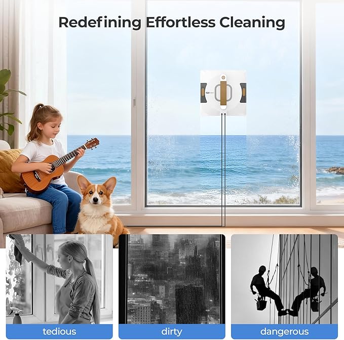 Apical Life Window Cleaning Robot | Low Noise 55dB Smart Glass Cleaner with 3Kpa Suction, Integrated Water Tank, Full Wet Wiping and Anti-Fall Protection for High-Rise Indoor/Outdoor Windows