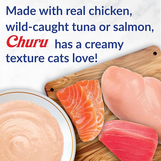 INABA Churu Cat Treats, Grain-Free, Lickable, Squeezable Creamy Purée Cat Treat/Topper with Vitamin E & Taurine, 0.5 Ounces Each Tube, 24 Tubes (4 per Pack), Chicken with Cheese Recipe
