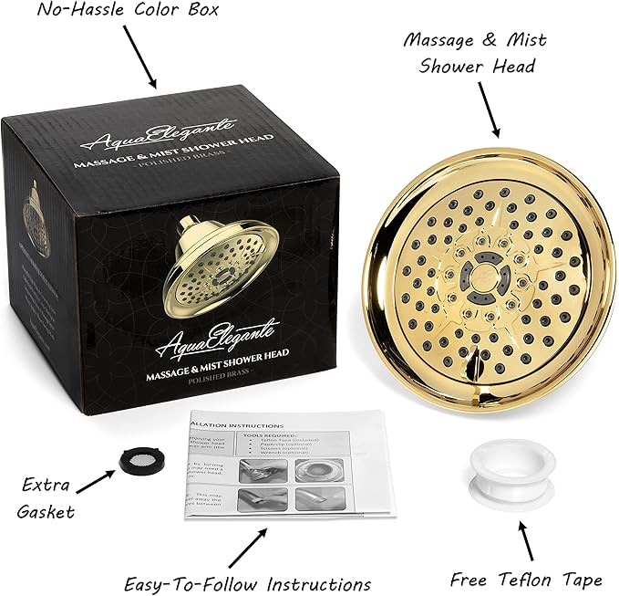 Massage Shower Head With Mist - High Pressure Boosting, Multi-Function, Massaging Rainfall Showerhead For Low Flow Showers & Adjustable Water Saving Nozzle, 2.5 GPM - Polished Brass