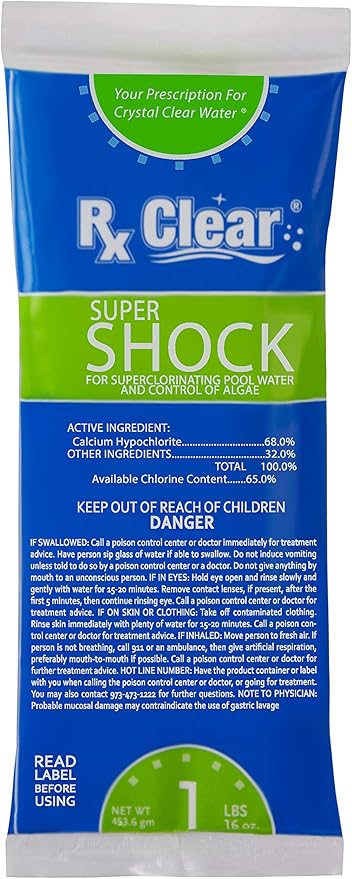 Rx Clear Super Shock for Swimming Pools | Chlorinator and Algaecide | 68% Calcium Hypochlorite | Kill Pool Algae for a Crystal Clear Pool | One Pound Bags | Single Pack