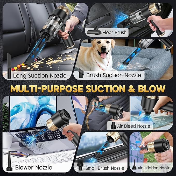 JONYJ Handheld Car Vacuum Cleaner, 16000PA Hand Held Vacuum Portable Cordless, 2 in 1 Air Duster and Vacuum Cleaner with LED Light, Multi-Nozzles, 120W High Power Mini Vacuum for Home, Pet, Office