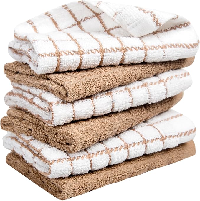 Bumble Premium Cotton Dish Cloths 12" x 12"| Tan Design | 405 GSM | Highly Absorbent & Soft Dish Towels | 100% Natural Ring Spun Cotton Kitchen Towel Set - 6 Pack
