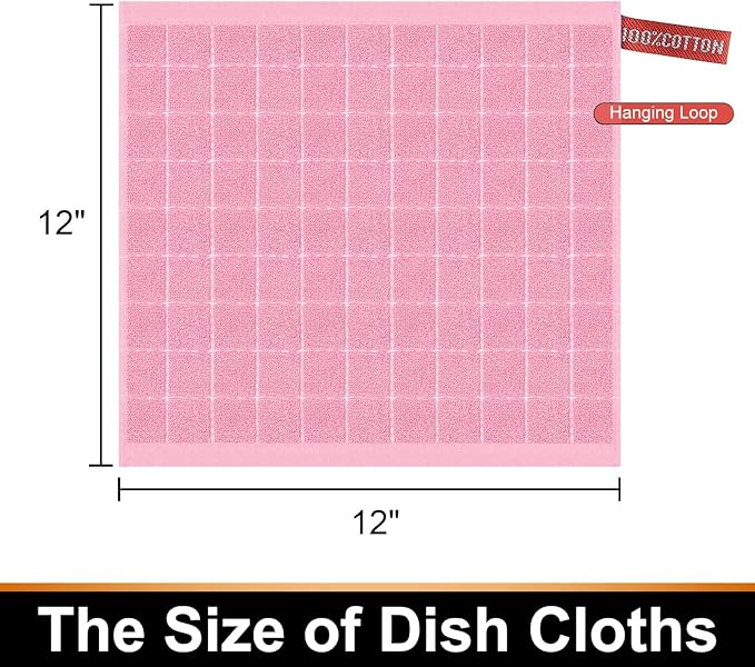 Mordimy 100% Cotton Terry Cloth Dish Cloths, Soft and Absorbent Checkered Dish Towels, Quick Drying Dish Rags for Washing Dishes, 12 Pack, 12 x 12 Inches, Pink
