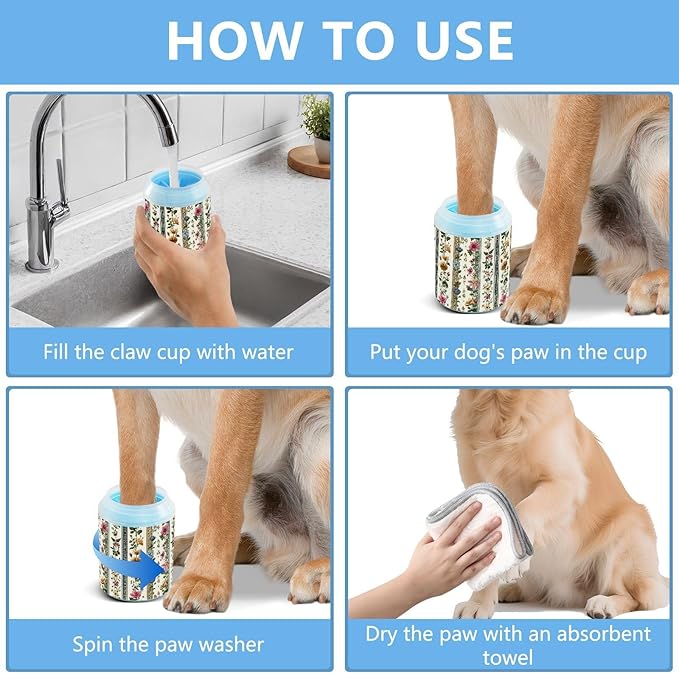 Dog Paw Cleaner Cups for Dogs Pets Foot Washer Paw Scrubber for Medium Small Cats Dogs Cute Cleaning Cup Vintage Stripes Flowers