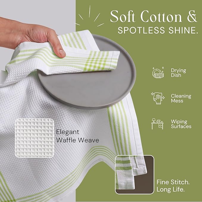 Waffle White & Lemon Green 4 Pack Kitchen Towels, 100% Cotton, 16x26 inches, Everyday Use Dish Cloths Set, Durable and Absorbent Hand Towel, Ideal for Drying Dishes, DIY Embroidery