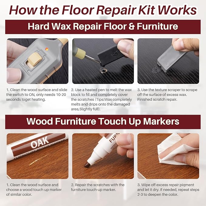 Laminate Vinyl Floor Repair Kit with Heat Pen, 6 Color Hardwood Floor Wax Linoleum Repair Kit Furniture Touch Up Markers Scratches Repair Restore Scratch Repair Remover Cracks, Holes for Table,Cabine