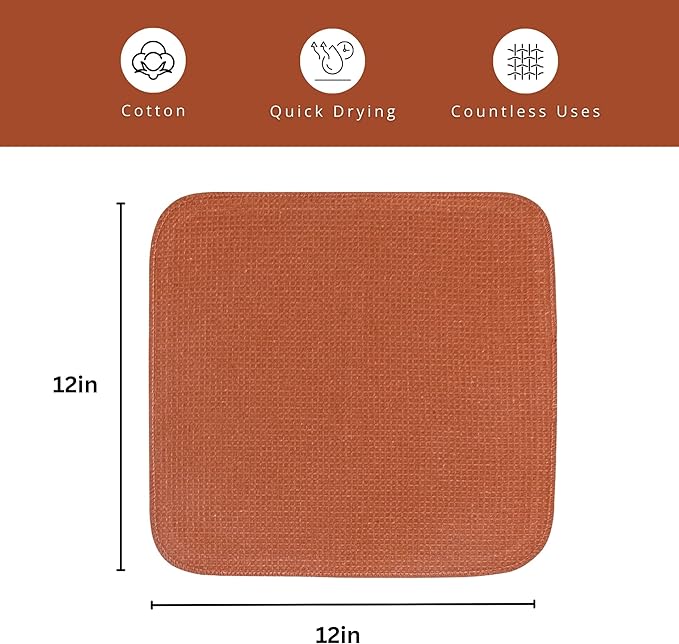 PurpleEssences Rust Dish Cloths and Dish Rags - 6 Pack Waffle Weave Solid Kitchen Dish Wash Cloths, 100% Cotton, 12 x 12 Inches, Ultra Soft Absorbent Quick Drying - Christmas Holiday Winter - Rust