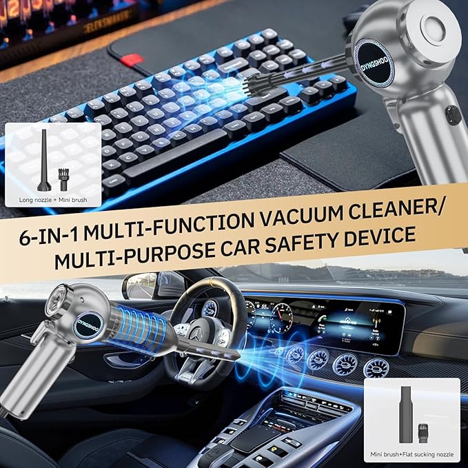 Handheld Car Vacuum Portable Cordless（Equipped with a one-Touch Window Breaker and Seatbelt Cutter ） Car Vacuum Cleaner with 25000Pa Ultra-Strong Suction,Design for Drivers (Silver Gray)