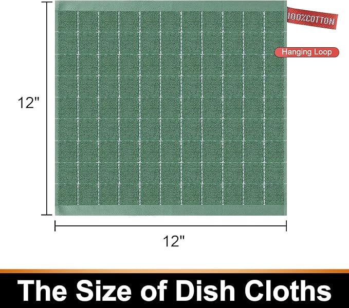 Mordimy 100% Cotton Terrycloth Kitchen Towels and Dishcloths Sets, Soft and Absorbent Checkered Dish Towels, Quick Drying Dish Rags for Washing Dishes, 4 Pack 16" x 26" & 4 Pack 12" x 12", Grass Green