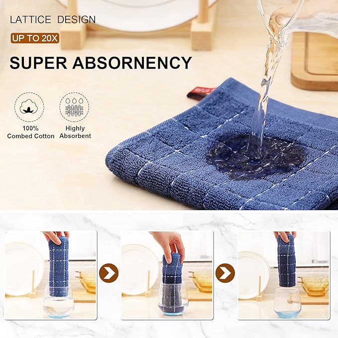 Mordimy 100% Cotton Terry Cloth Dish Cloths, Soft and Absorbent Checkered Dish Towels, Quick Drying Dish Rags for Washing Dishes, 8 Pack, 12 x 12 Inches, Navy