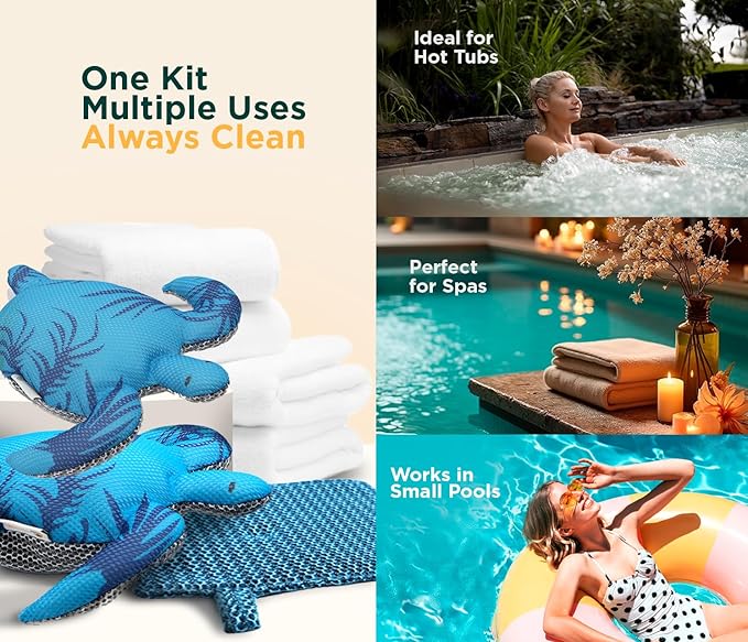 Hot Tub Scum Absorber Turtle ScumGuard Mesh - 2-Pack Oil & Scum Absorber for Spa, Hot Tub & Pool - Keeps Water Clear & Filters Protected - Includes 2 Washable Turtle Absorbers & Mesh Cleaning Cloth