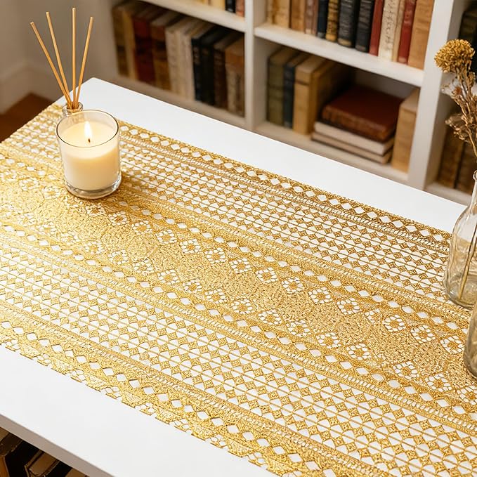 Drawer and Shelf Liner - Gold Geometric Lace Pattern,Non Adhesive Non Slip Waterproof Easy-Clean Shelf Liner for Kitchen Cabinet, Refrigerator, Bathroom, Pantry Storage Drawers, 12 in x 10 Ft