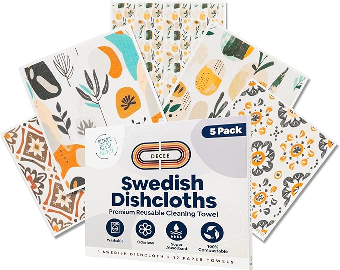 DECEE Swedish Dishcloths (Mosaic), 5-Pack, Reusable, Washable Cellulose Cotton Kitchen Cloths,Replace Paper Towels, Sponges, Dish Rags