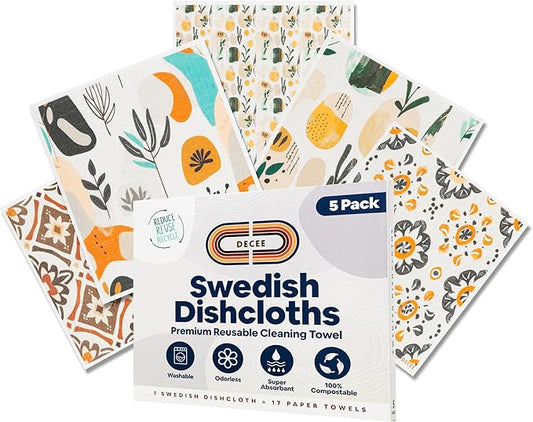 DECEE Swedish Dishcloths (Mosaic), 5-Pack, Reusable, Washable Cellulose Cotton Kitchen Cloths,Replace Paper Towels, Sponges, Dish Rags