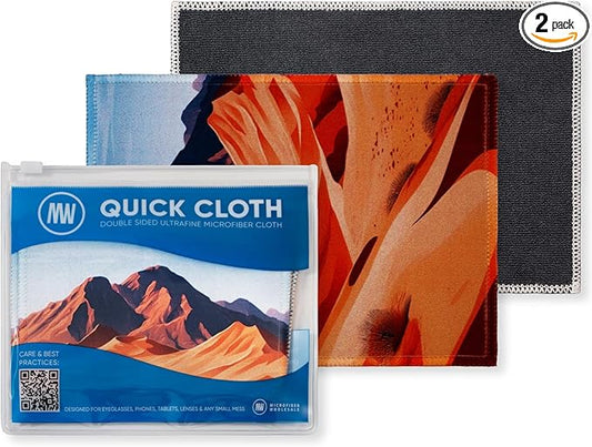 Quick Cloth Microfiber Glasses Cleaning Cloths – 5x7, Desert, 2 Pack with Case | Double-Sided Lens Cleaner for Eyeglasses, Camera, Screens & Glass | Reusable Microfiber Glass Polishing Cloths