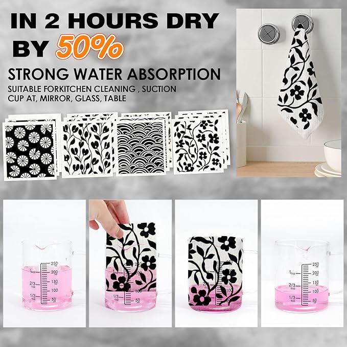 Morigins 12 Pack Swedish Dishcloths with 2 Push Towel Hooks - Super Absorbent Dish Rags for Washing Dishes, Quick Drying Wash Cloth for Kitchen Cleaning- Black Set