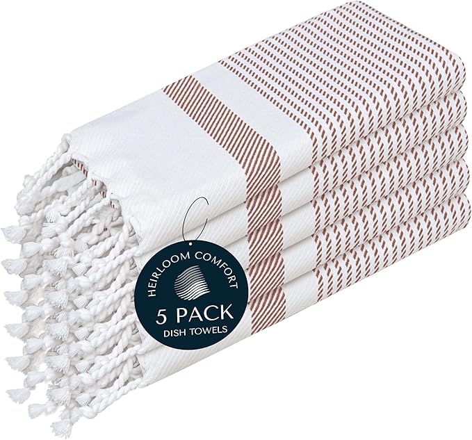 Brown Turkish Kitchen Towels 16x26 Inch, 5 Pack, 100% Cotton, Ultra Absorbent, Soft, Fast Dry, Machine Washable, Dish Towel with Tassels for Drying Dishes, Cleaning, Everyday Use