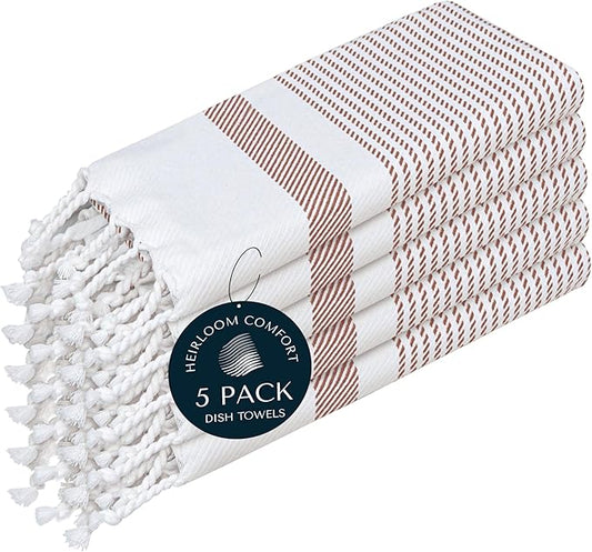 Brown Turkish Kitchen Towels 16x26 Inch, 5 Pack, 100% Cotton, Ultra Absorbent, Soft, Fast Dry, Machine Washable, Dish Towel with Tassels for Drying Dishes, Cleaning, Everyday Use
