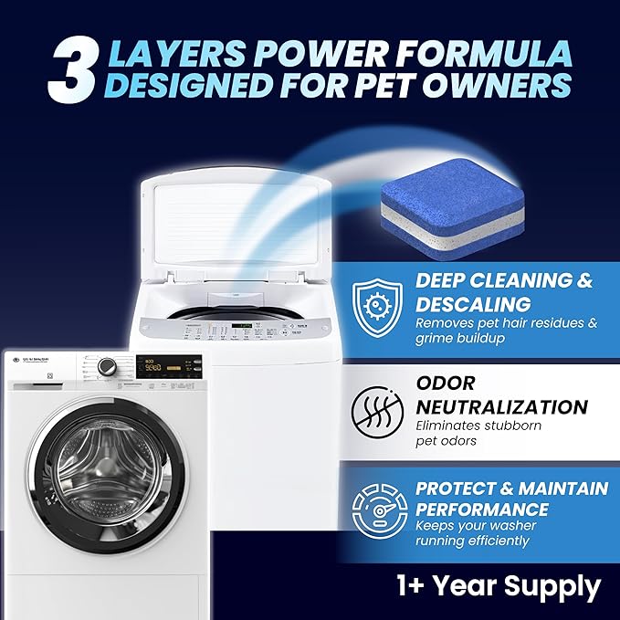 Washing Machine Cleaner Pro Tablets for Pet Owners - 56 Pack, Front & Top Load Washer Deep Cleaning, Septic Tank Safe, HE Support, Remove Stubborn Pet Hair, Eliminates Smells, Prevents Dander Build-up