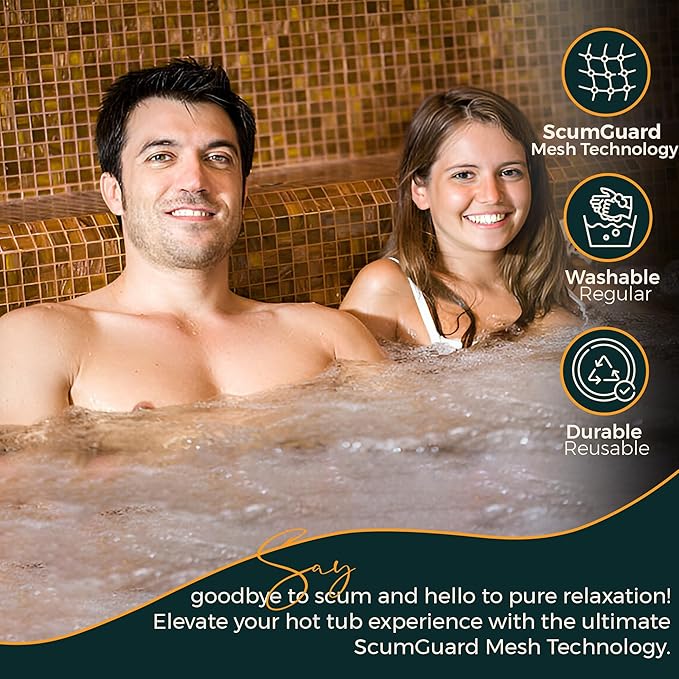 Hot Tub Scum Absorber Football ScumGuard Mesh - 2-Pack Oil & Scum Absorber for Spa, Hot Tub & Pool - Keeps Water Clear & Filters Protected - Includes Pool Net Skimmer & 2 Washable Football Absorbers