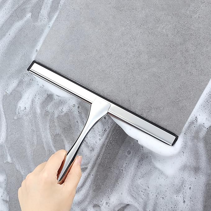 Shower Squeegee for Glass Doors,12-Inch Shower Glass Squeegee, Sliver Shower Squeegee for Shower Doors,Mirror,Windows, with Shower Door Hook and Adhesive Hook