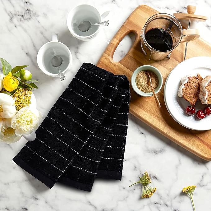 Mordimy 100% Cotton Terry Cloth Kitchen Towels, Super Soft and Absorbent Dish Towels for Drying, Checkered Designed Hand Towels for Kitchen, 16 x 26 Inches, 4 Pack, Black