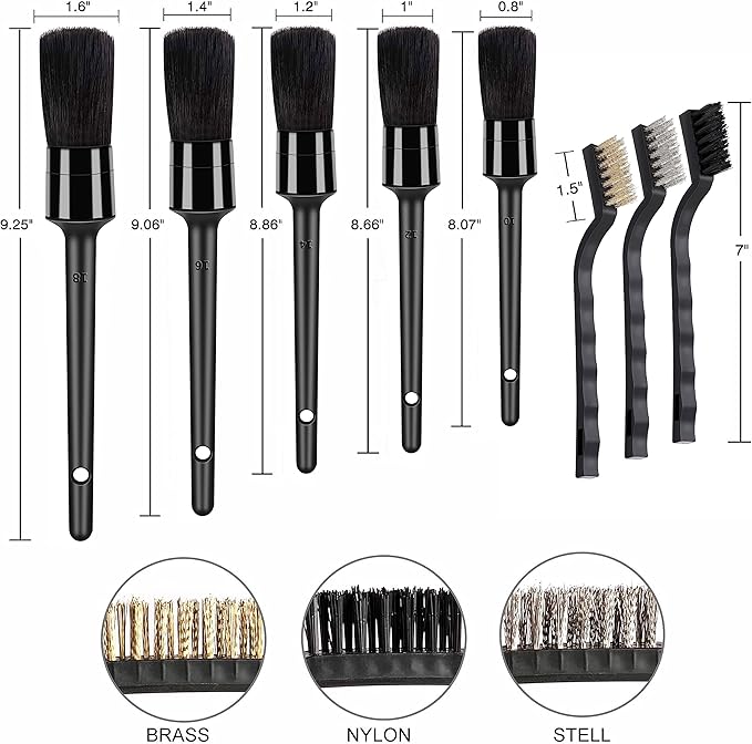 10pcs Detailing Brush Set, Multi-Purpose Car Detailing Brushes for Cleaning Car Interior, Exterior, Engine, Leather, Including 5 car Cleaning Brush, 3 Wire Brush, 2 Air Vent Brush,Black