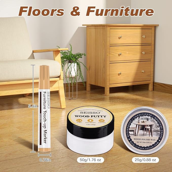 Furniture Touch Up Markers- 12 Colors, 19 Pcs Wood Scratch Repair Kit with Polish Wax and Wood Putty, Repair Wood Marker Pens for Cracks, Scratches, Holes, Stains, Doors, Floors, Tables, Cabinets