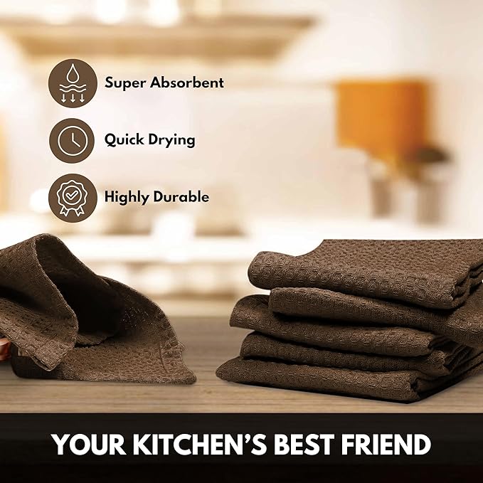 Brown Kitchen Towels – Waffle Weave, 100% Cotton, Soft & Absorbent, Fast Dry, Durable, 16x26 Inches, Perfect for Dish Drying, Bar, Cleaning, Hand Wipe and Everyday Use, Set of 12