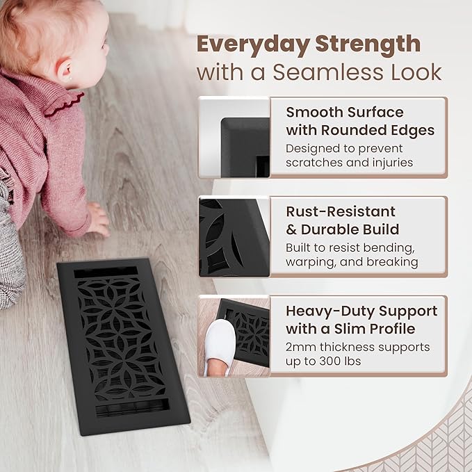 Floor Register 4x10 Vent Cover – Heavy-Duty Steel, Rustproof & Walkable Grates, Easy Drop-in Install, Adjustable Air Supply Switch - Decorative Floral Design, Textured Black
