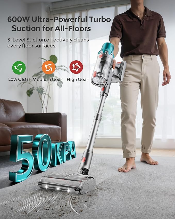 V6 Cordless Vacuum Cleaner,600W Stick Vacuum with LED Touch Screen,70Mins 50KPA Self-Standing Wireless Vacumm,Upgraded Anti-Tangle Vacuum Cleaner for Home,Pet Hair,Carpets,Floor,Green
