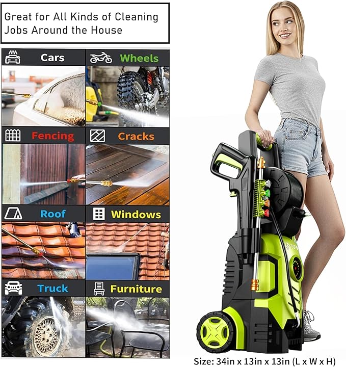 2026New Pressure Washer 4800PSI, 34" Tall, 4 Quick Connect Nozzles,Inlet Hose&Filter&500mlFoam Cannon for Cars/Fences/Driveways/Home Cleaning,Green