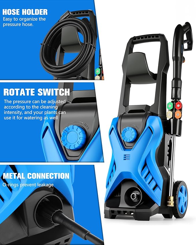 Electric Pressure Washer, 2.8 GPM High Power Washer Adjustable Pressure 2500PSI-5000PSI with 33FT Extension Hose, 4 Nozzles and Soap Bottle for Cars/Fences/Driveways