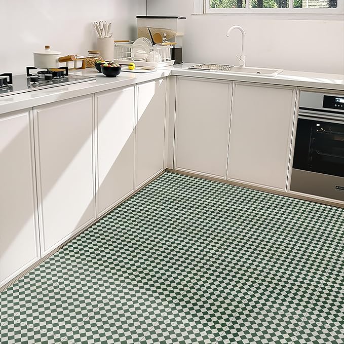 Elffloor Peel and Stick Floor Tile: 30pc 11.8 * 11.8in Self-Adhesive Waterproof Vinyl Flooring Green and White Tiles Sticker for Bathroom, Kitchen, Bedroom, Living Room