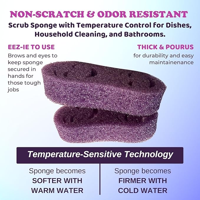 Smilyeez Double-Size Scrub Moji Sponge 2-Pack – Dual Smiling Faces, Temperature-Responsive Scrubber – Scratch-Free, Odor & Stain Resistant – Purple