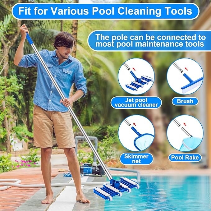 Tioncy 5 Pcs Pool Vacuum Cleaning Kit Includes Right Corner Pool Vacuum, 2 Skimmer Nets with 47" Adjustable Pole and 1 Brush for Above Ground Ponds Hot Tub Spa Wall Floor Cleaning Maintenance
