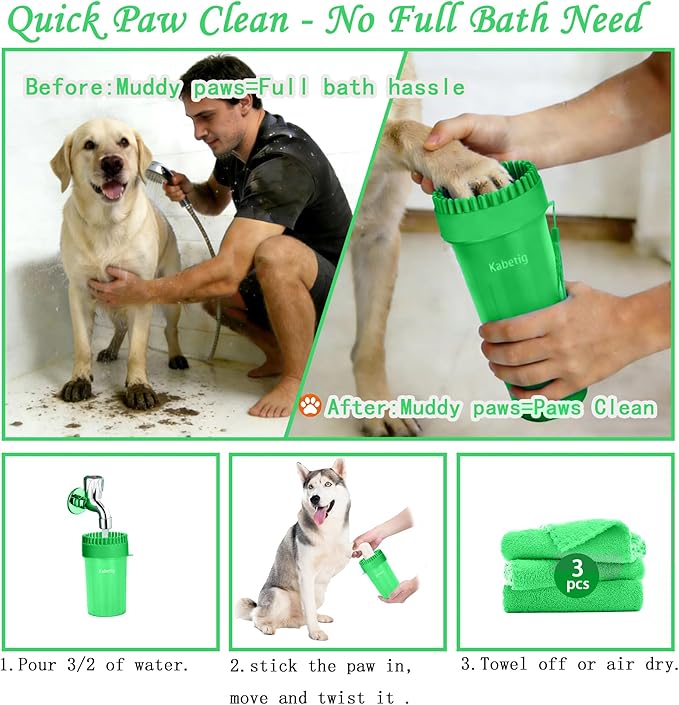 Dog Paw Cleaner Kit - Green, for L/XL Dogs, Quick Clean No Full Bath, 5-in-1 Bath Grooming Kit, Exclusive Cup-Mounted Brush Head, Grip Silicone Brush, 3 Absorbent Towels, Fits Lab
