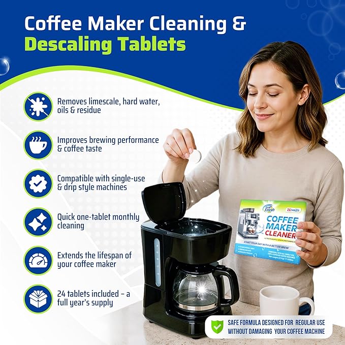 True Fresh Coffee Machine Descaler & Cleaner Tablets - 24 Count, 1 Year Supply, Deep Clean, Removes Limescale & Hard Water Buildup, for Keurig, Nespresso, Breville, Delonghi, Ninja, Miele, Jura Makers