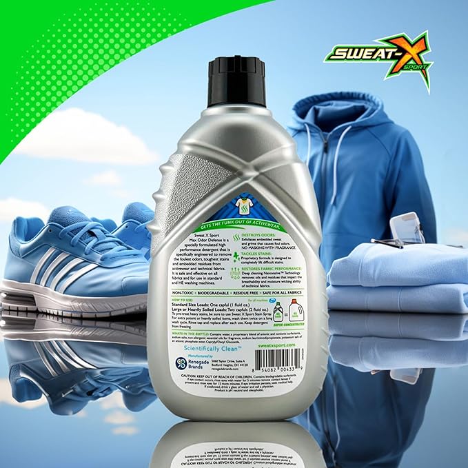 SWEAT X Max Odor Defense Laundry Detergent Liquid - Natural Washing Detergent for Activewear & Gym Clothes - Laundry Detergent for Sensitive Skin - Concentrated Detergent, 45 Loads/Bottle (2 Bottles)