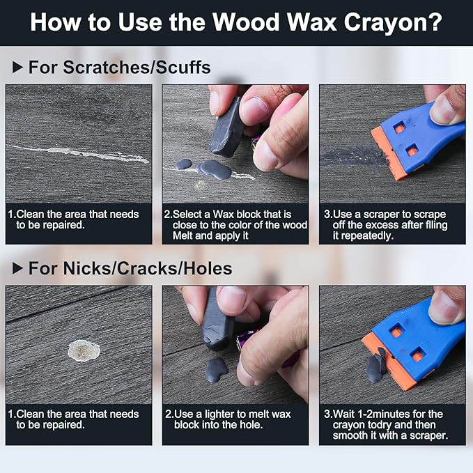 Wood Filler Sticks - 6 Colors Hardwood Floor Scratch Repair Kit, Upgrade Laminate Floor Repair Kit, Vinyl Wood Floor Repair Kit, Furniture Wood Crayons for Scratche Nail Holes Floors Cabinets Doors