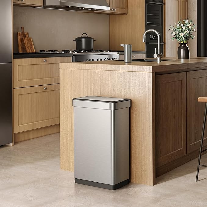 EKO EcoNova 13.2 Gallon/ 50L Automatic Sensor Kitchen Trash Can, Stainless Steel Touchless Garbage Bin with Soft-Close &Stay-Open Lid, Fingerprint-Resistant