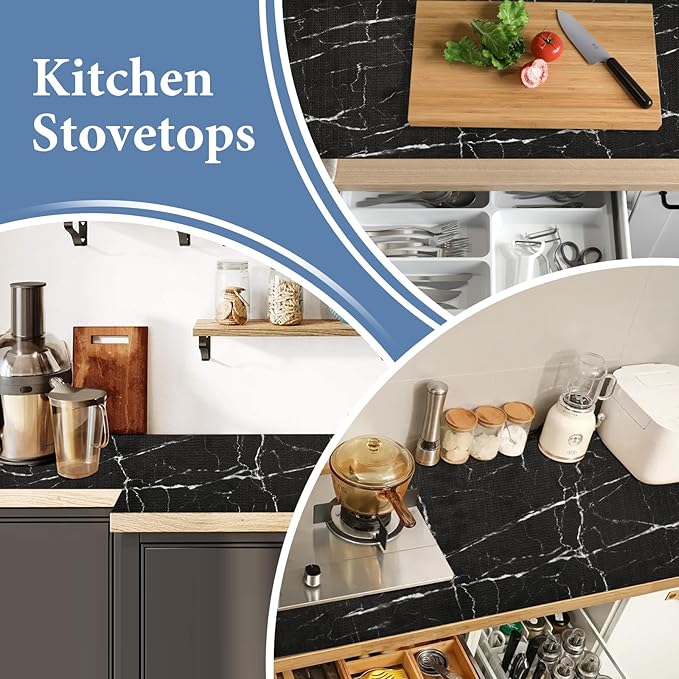 Drawer and Shelf Liner for Kitchen Cabinet: 12 in X 20 Ft Non Slip Waterproof Shelf Paper Non Adhesive Refrigerator Liners Black Marble Easy Liners for Bathroom with Knife Tape Measure