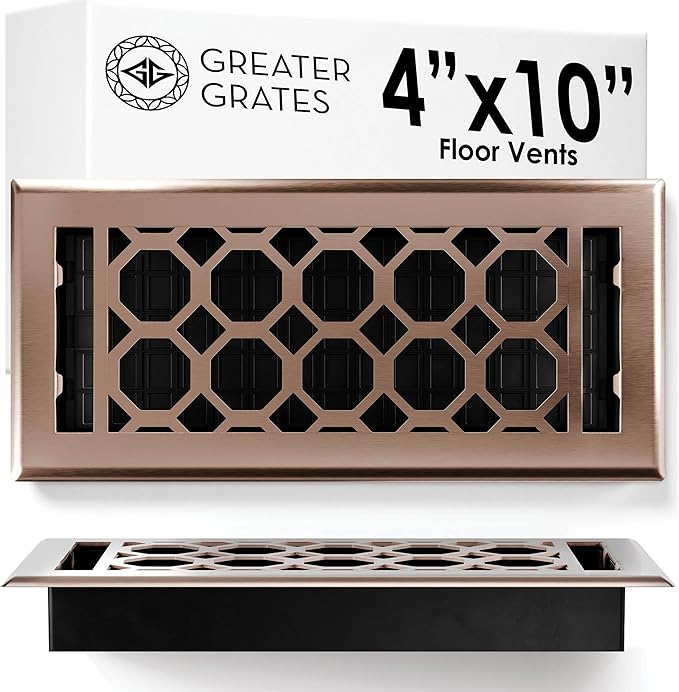 Floor Register 4x10 Vent Cover – Heavy-Duty Steel, Rustproof & Walkable Grates, Easy Drop-in Install, Adjustable Air Supply Switch - Decorative Honeycomb Design, Satin Bronze